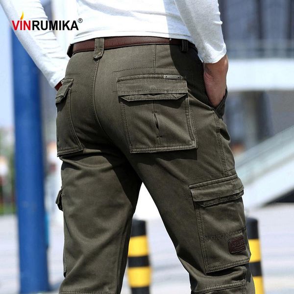 

winter men's warm thicken fleece multi pocket straight overalls army green long pants man 100% cotton casual camel trousers, Black