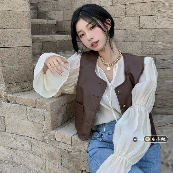 

women's jackets miss zuo is here. the jacket has a sense of female design. it slim and versatile. it's fashionable leather vest fo, Black;brown
