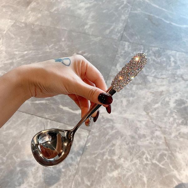 

spoons large rhinestone soup spoon 20cm long handle luxury stainless steel japanese korean main serving asian
