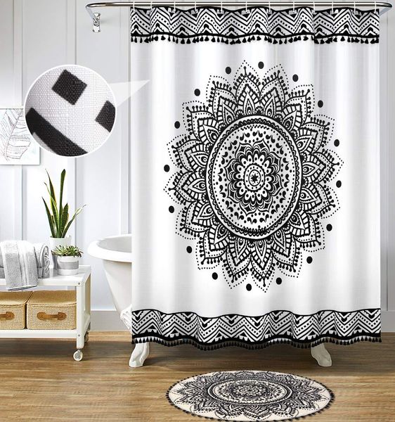 

boho mandala stall shower curtain slubbed fabric tassel shower curtains black and white medallion shower curtain set with hooks