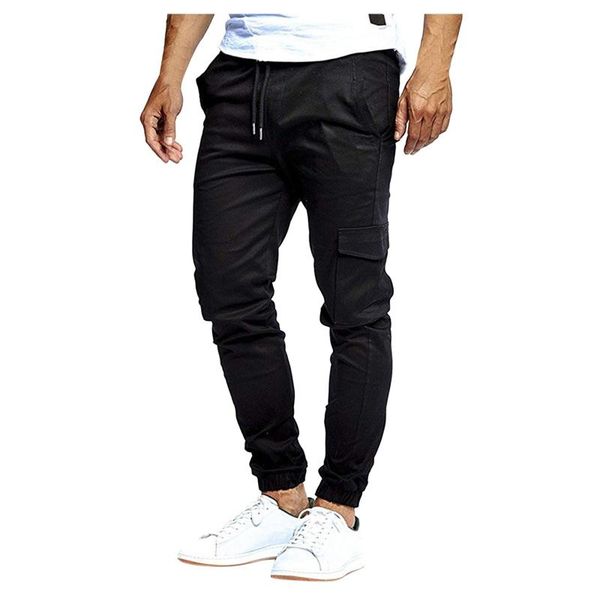 

men's pants men loose cargo casual jogging soild color tethered waistband with and long trousers pockets sweatpants, Black