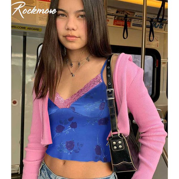 

rockmore rose print patchwork lace camis for women spaghetti straps low cut camisole y2k crop summer club tank 210608, White