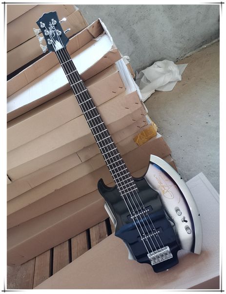 

ready now axe shape 5 strings black body electric bass guitar with signature,chrome hardware,can be customized