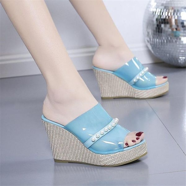 

slippers 2021 summer pvc jelly solid color peep toe sandals casual wedges lightweight women's pearl plus size 35-42, Black