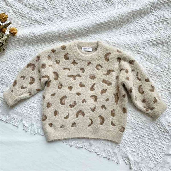 Outono inverno bebê crianças meninos luva longa malha leopardo impressão camisola pulôver suéteres roupas infantis 210429