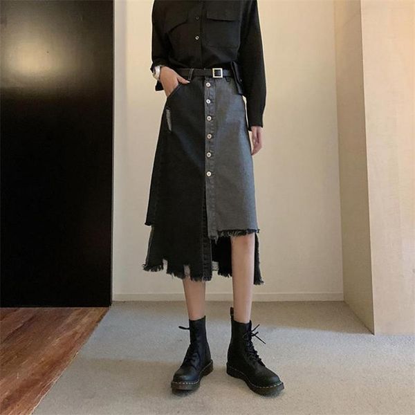 

spring & autumn korean high waist slimming denim skirt irregular casual all-match women a-line long 210527, Black