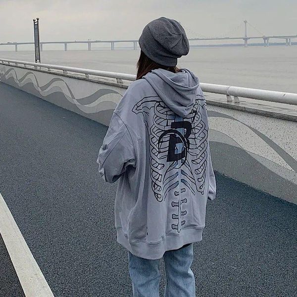 

women's hoodies & sweatshirts skull print long sleeve loose hoodie autumn fashion gothic y2k hip hop sweatshirt gray harajuku casual st, Black
