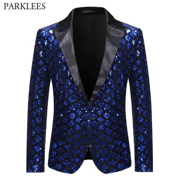 

royal blue sequin glitter embellished blazer jacket men one button shiny plaid tuxedo blazers mens nightclub prom stage costumes 210522, White;black