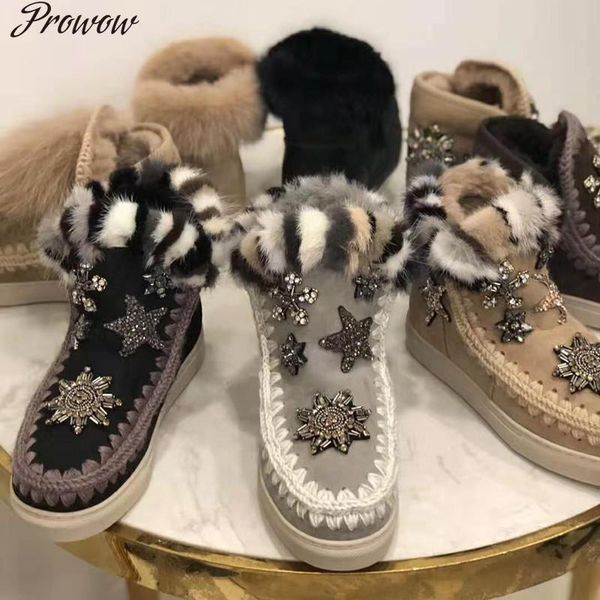 

boots bling crystal fur flats women flower embroidery trim winter wool warm ankle designer shoes 2021, Black