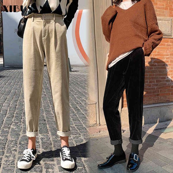 

autumn and winter harem pants women's loose high waist stretch corduroy pure color slim casual 210514, Black;white