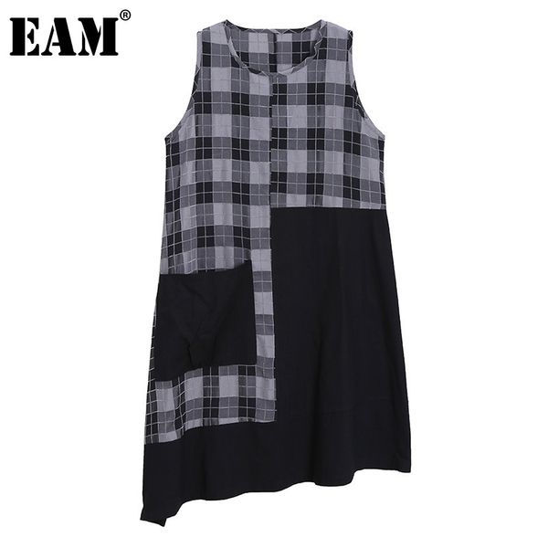 

[eam] women irregular plaid pocket spliced dress round neck sleeveless loose fit fashion spring summer 1dd8570 21512, Black;gray