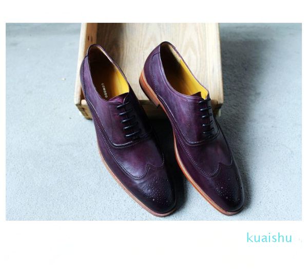 

men dress shoes men's shoes custom handmadeshoes genuine calf leather oxfordshoes wingtip brogueshoes color purple hd-150, Black