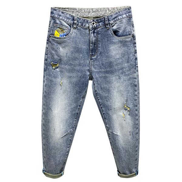 

men's jeans mens ripped cropped trousers light blue elasticity capris pants 2021 summer casual tapered ankle length hombre