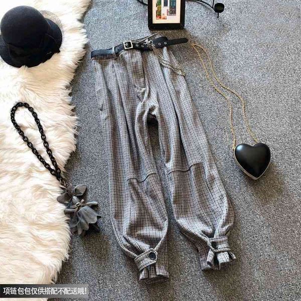 

women's jeans thick plaid woolen harem pants autumn winter high waist capris ankle-tied knickerbockers streetwear women bottoms ec, Blue