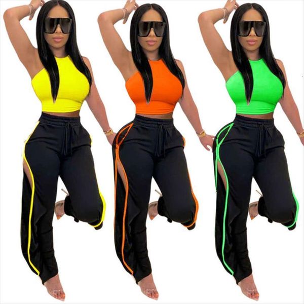 

2 piece sets solid womens pants crop tank and side split sweatpants outfits woman two pieces tracksuits female, White