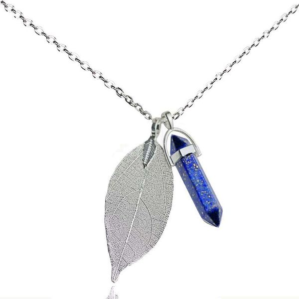 

pendant necklaces quartz crystal necklace natural stone lapis lazuli boho leaf yoga energy healing jewelry 2021, Silver