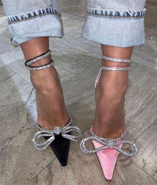 

bowtie pumps rhinestone satin high heels shoes pointed toe buckle strap ankle-wrap stilettos zapatos de mujer, Black