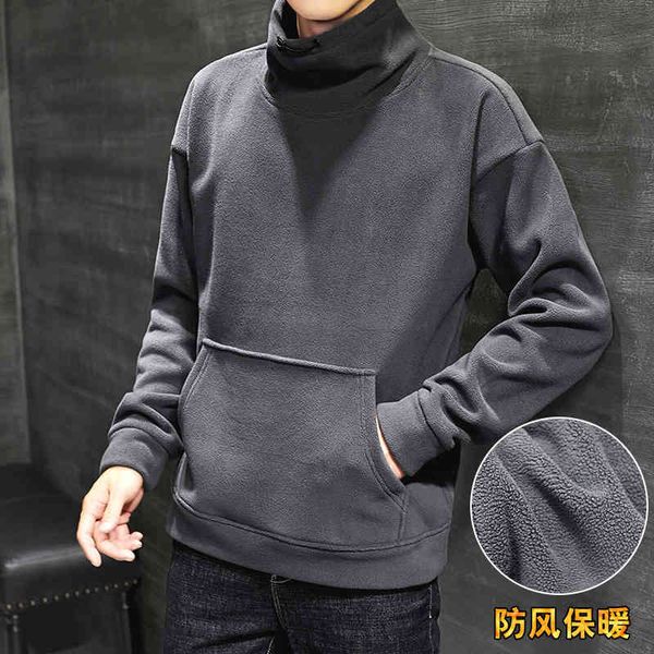 

2021 new style men's solid color pullover autumn and winter plush hoodie white sweater print, Black