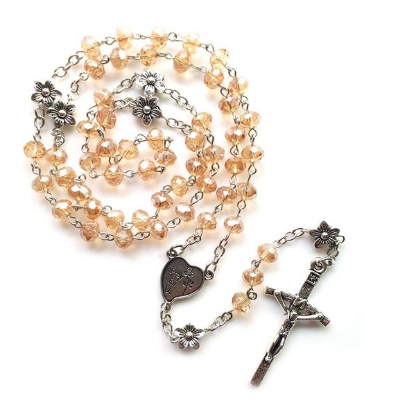 

champagne crystal rosary necklace long catholic cross pendant necklace for men women, Silver
