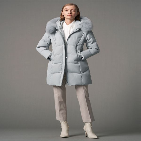 Женская пиджака и парка высококачественная белая утка тонкий пальто зимой теплый меховой воротник элегантные женщины