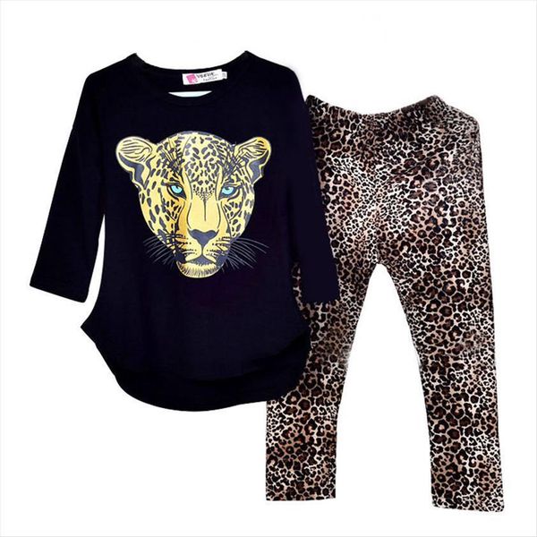 

autumn girls leopard t shirt baby female clothing sets kids clothes set children full sleeve legging pants, White
