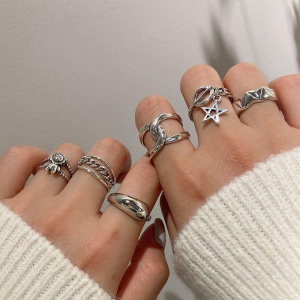 

cluster rings morivovog 925 sterling silver lion star chain wave cross for women vintage industrial style 2021 statement jewelry, Golden;silver