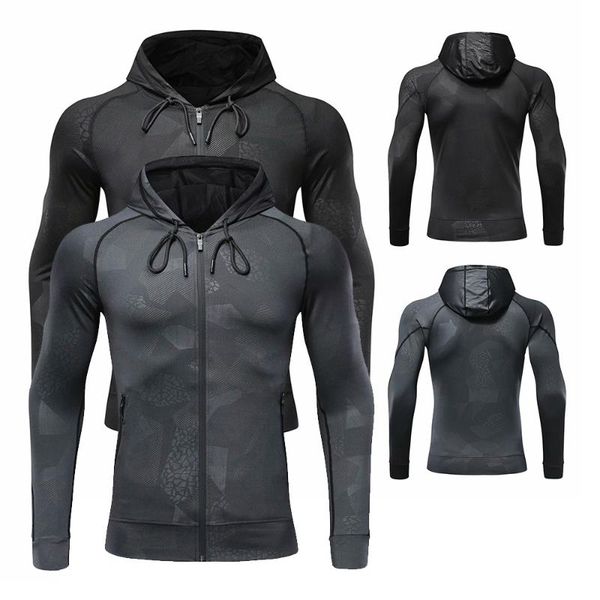 

autumn and winter quick-drying leisure hooded men's zipper running jacket fitness gym polyester basketball training sets, Black;blue