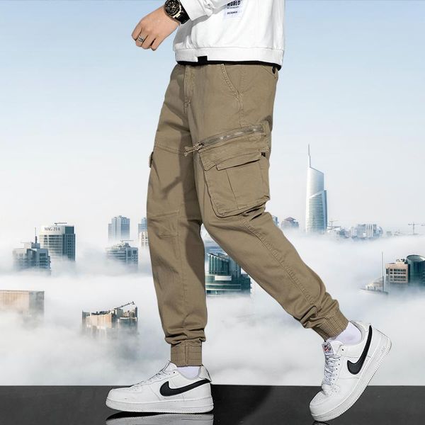 

men's pants trendyol pcckets cargo men loose straight tube elastic casual overalls summer and autumn korean type jogger trousers 2021, Black
