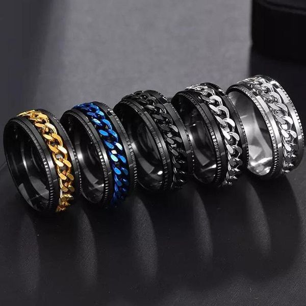 

cluster rings fashion curb chain spinner for men trendy 8 mm width stainless steel rotatable party jewelry gift, Golden;silver