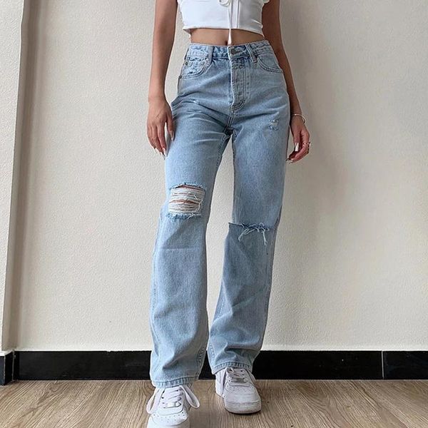 

women's jeans pants female large size boyfriend jean women ripped high waist mom undefined stright trousers, Blue