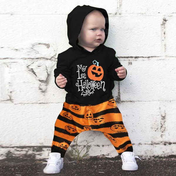 Novos trajes de Dia das Bruxas Criança Bebê Meninos Halloween Abóbora Impresso Hoodie Tops + Calças Striped Outfits Roupas de Bebê 6M-3T 2021 NOVO G1023
