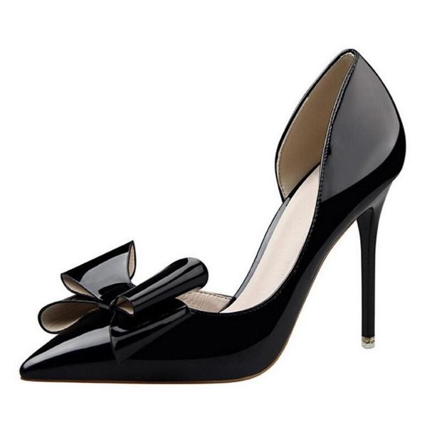 

{d&henlu} brand women shoes high heels women's pumps bow two piece thin heel wedding valentine white zapatos mujer dress, Black