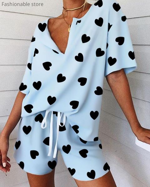 

women heart print v-neck short sleeve and shorts set casual 2pcs suits women's tracksuits, Gray