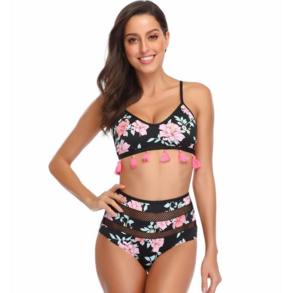 

women's 2021 ribbon tassel split swimsuit female bikini high waist enhanced tankini swimwear, White;black
