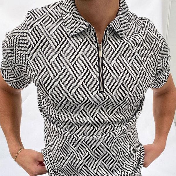 

men's polos plaid patchwork zipper shirt summer fashion daily short sleeve quick dry clothing, White;black