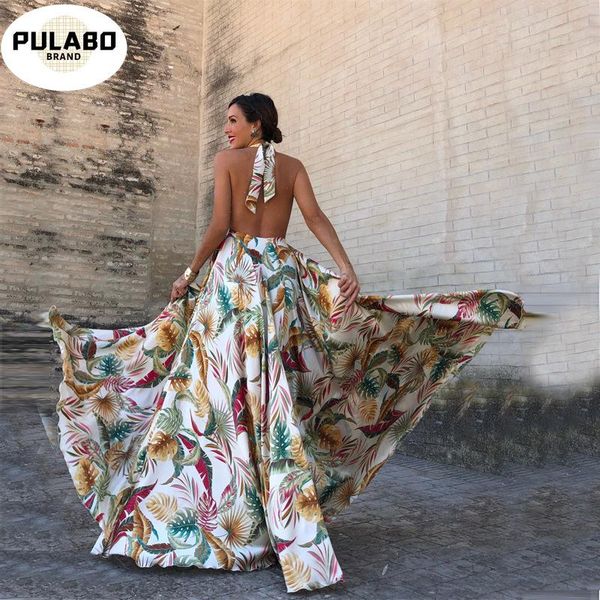 

womens summer boho maxi long dress evening party beach dresses sundress floral halter 2021 vestidos de festa casual, Black;gray