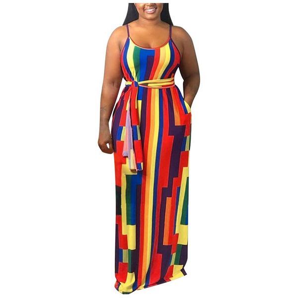 

casual dresses 40# sleeveless spaghetti strap maxi dress women vintage striped printed loose for 2021 elegant o-neck, Black;gray