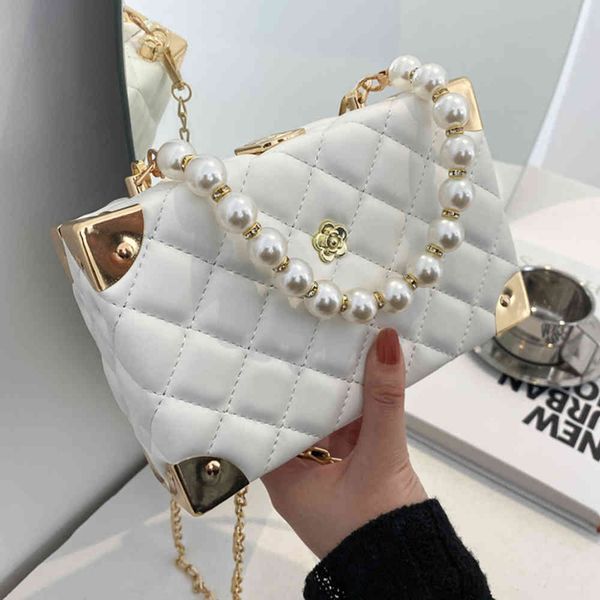 

bag rhombus lattice shoulder handbags for women luxury leather crossbody bag pearl chain tote ladies solid color messenger s