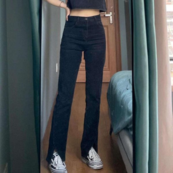 

women's jeans women korean chic temperament flare pants high waist stretch split micro long trousers, Blue