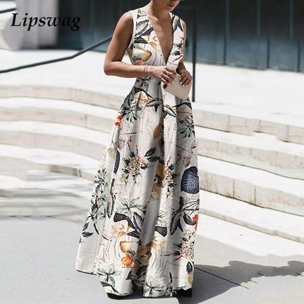 

women party dresses elegant vintage floral print maxi dress fashion deep v-neck sleeveless hem pleated long dress vestidoshigh quality, Black;gray