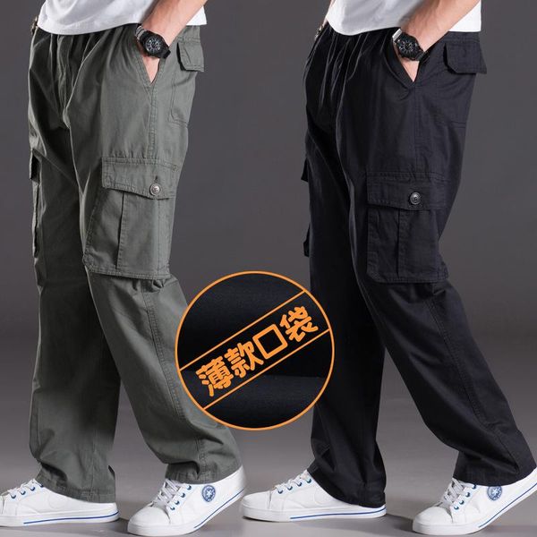 

men's pants casual large size 6xl multi pocket jeans oversize jumpsuit, elastic waist plus sa-8, Black