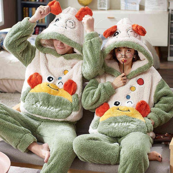 Paare Pyjamas Sets Frauen Männer Winter Verdicken Pyjamas Nachtwäsche Cartoon Dinosaurier Koreanische Liebhaber Homewear SoftWarm Pijama Hoodies 21296Z