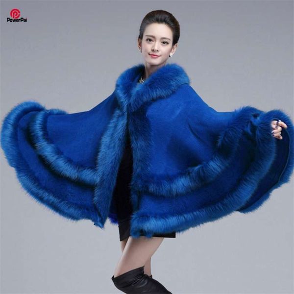 

europestyle fashion double fur coat cape hooded knit cashmere cloak cardigan outwear plus size women winter shawl 1.1kg 210928, Black