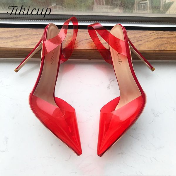 

dress shoes tikicup transparent red women soft pvc summer high heel slingback pumps pointy toe comfortable stilettos big size 33-45, Black
