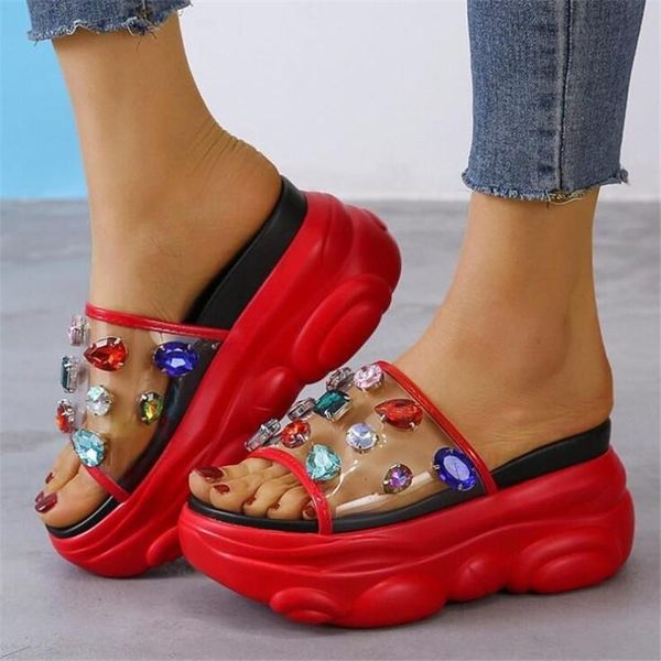 

women crystal slippers transparent fashion summer thick-soled shoes woman comfortable slope with beach sandals bear bottom, Black