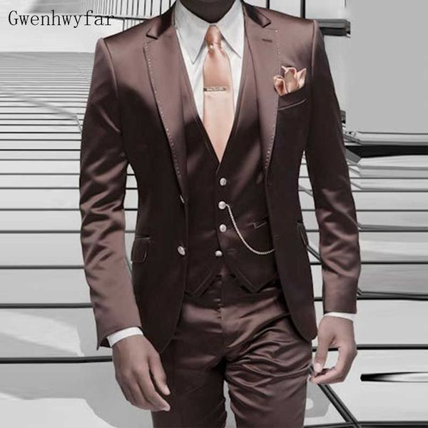 Gwenhwyfar Brown Satin Men Suit Formal Italian Design Tuxedo Custom Stylish Blazer Masculino Suits 2018 Jacket Pants Vest 3Pcs X0909