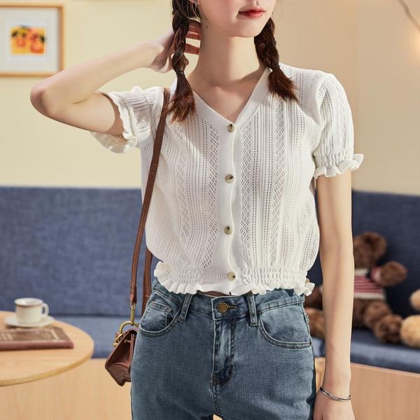 

women's knits & tees women button front v neck crop with frill hem, White