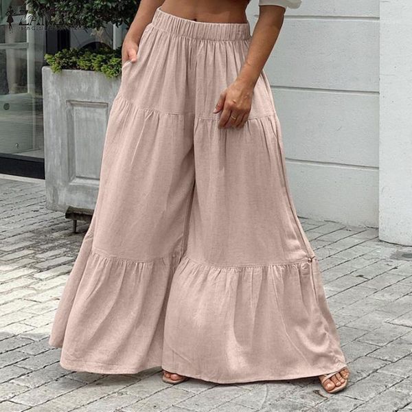 

women's pants & capris plus size zanzea women ruffle trouser 2021 summer elastic waist casual solid wide leg ladies pleated maxi bottom, Black;white