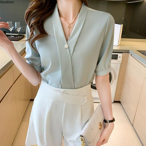 

women's blouses & shirts chiffon shirt v-neck slim solid fashion lady casual blouse short sleeve buttons houthion, White