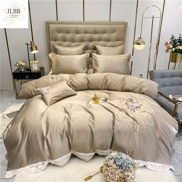 

bedding sets champagne flowers embroidery soft breathable set satin washed silk duvet cover cotton bed linen fitted sheet pillowcases